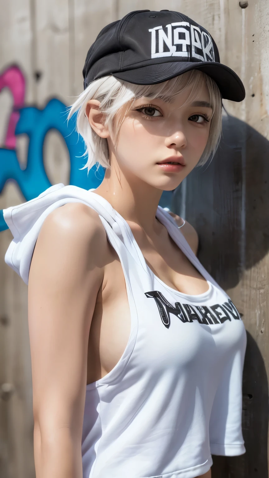 masterpiece, highest quality, Super detailed, 8k, Photorealistic, One girl, alone, Tomboy, Super detailed face, (head shot:1.5), Standing against a wall covered in hip-hop graffiti, White hair color with pixie cut, He is wearing a short tank top and an unzipped hoodie.,The chest is visible,Nice butt,Wearing a New Era cap