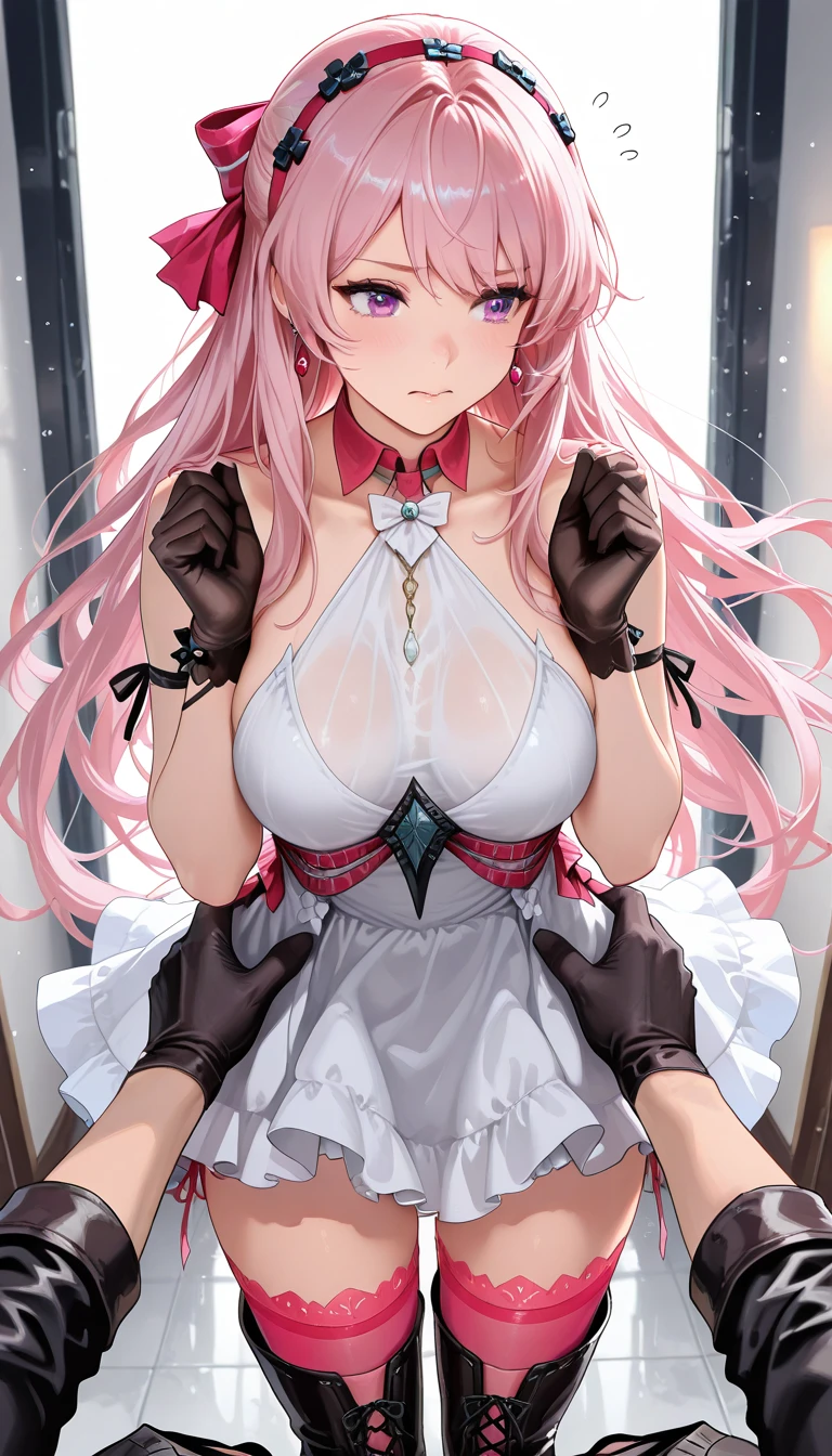 ,beautiful flower々),mole under eye, heart shaped choker, (masterpiece, highest quality), official art, beautiful and aesthetic: 1.2), (1 girl), very detailed, (geometry art: 1.3), colorful、pink bob hair、bear ears、 whole body