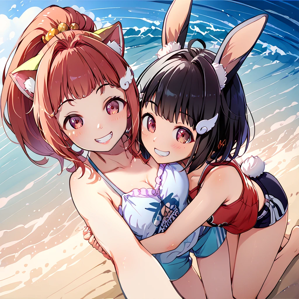 Anime shoujo,Black color hair,white short sleeve,middlebreast,Bare chest,cropped shoulders,1female,red color eyes,white skinned,having fun,Superskirt,showing belly,full bodyesbian,Bow knot,beachside --auto