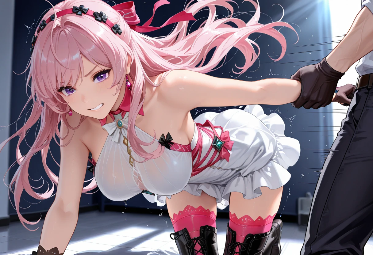 Pink Hair，Red eyes，Chest air leak，miniskirt，18 year old girl，Open your mouth，Second Dimension，(Huge breasts：1.8)