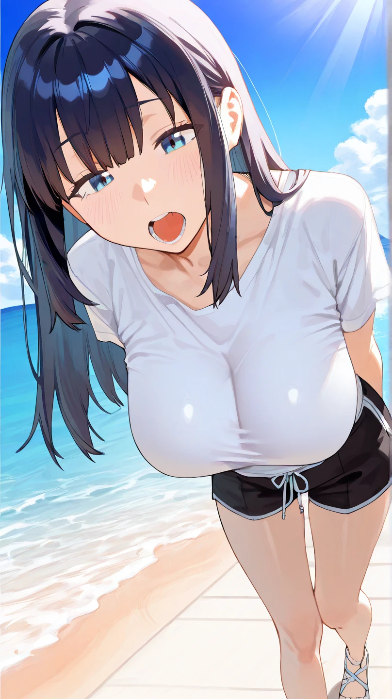 1girl, pov, from below paizuri, 1boy, penis between the breasts, breasts squeezed together, balcony, wearing tank top, a naughty cousin gives me a quick titfuck under the heat, summer, gray tank top, sweat, all fours