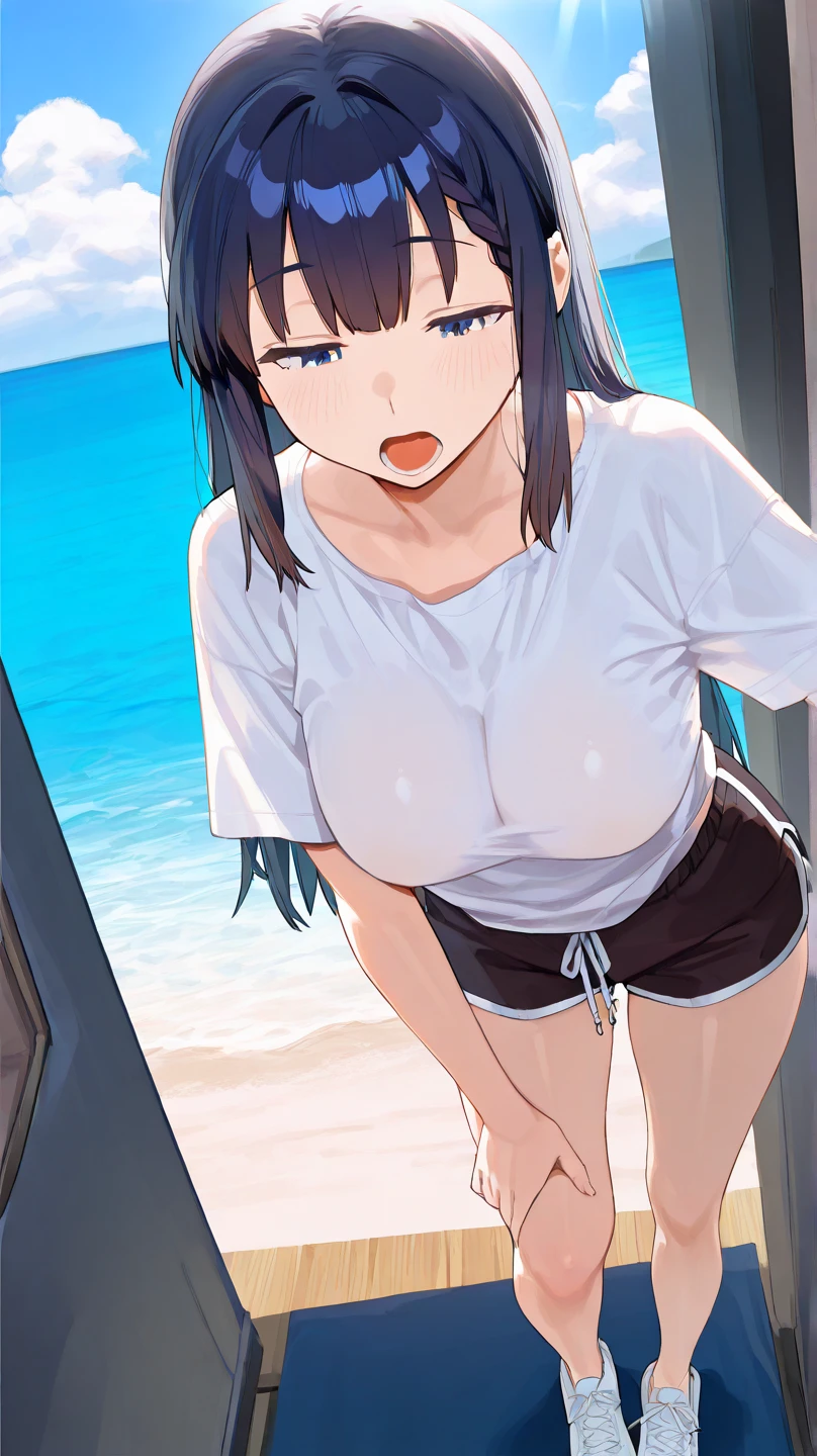 1girl, nsfw, sajouayaka, black hair, short hair, Blue eyes,, large breasts, , , empty eyes , large breasts, nipple, , Peeing, lactation, projectile lactation, modern beach house, expansive windows, open living spaces, outdoor living areas, breathtaking views of the ocean, frozen, wet, crying ,, Naked, , (1girl) ,solo