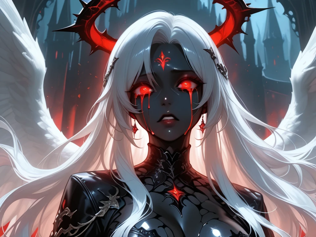 1girl, horror, (dark grey skin:1.5), true white long wavy hair, ((perfect red eyes)), pointed ears, earrings, angry expression, highly detailed mechanical horns, (small breasts), ((black gothic prom dress)), wearing black fur cloak, bone armor, skull armor, volumetric lighting, ethereal fog, dark background, ultrasharp, best quality, masterpiece, realistic, anatomically correct, (strong cinematic lighting), ((rim lighting)), stunning details, intricate details, 8k post-production, high resolution, super details, sharp focus, depth of field f/1.8, studio photos, (((looking at camera)))