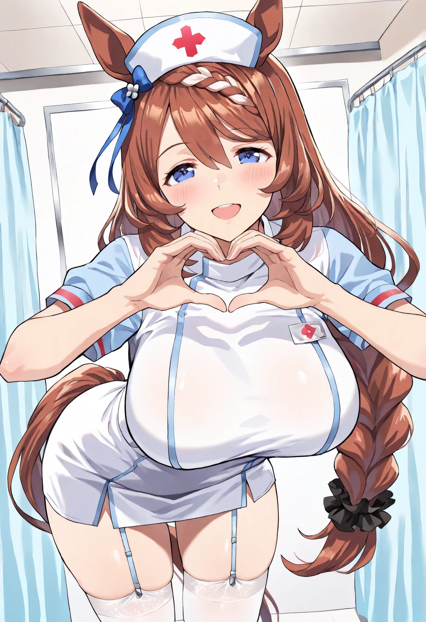 (masterpiece, best quality, perfect face:1.4), wide angle, super creek \(umamusume\), horse ears, ear ornament, horse tail, tail on the lower back, proportional body, proportional, beautiful hair, beautiful face, beautiful detailed eyes, beautiful clavicle, beautiful body, beautiful chest, beautiful thigh, beautiful legs, beautiful fingers, looking at viewer, BREAK, Nurse uniform,Nurse working in hospital,white Nurse uniform,Large Breasts,Big round ass,(Knee-high socks),Absolute territory,Garter Straps,Embarrassing,Leaning forward,look up,Tilt your head,(((Heart Hands))), BREAK, blush smile (open mouth), one eyed closed, textured skin, realistic skin, HDR, BREAK, good hands,
