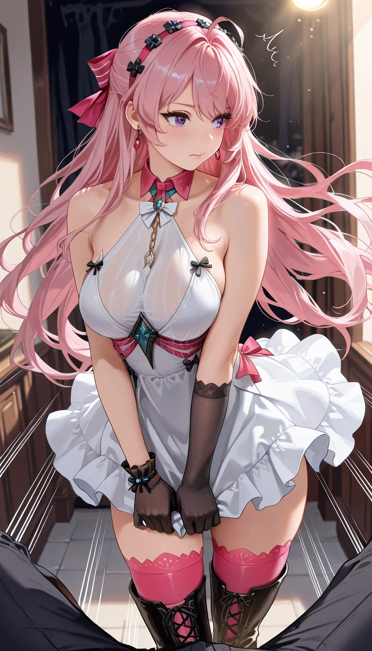 1 woman, full body, inside a hospital, hot nurse, silver hair, wearing a white apron with pink details, open apron, no panties, no bra, showing her breasts, showing her pussy, little pubic hair, pink pubic hair, slightly pinkish white skin, beautiful lips, perfect mouth, pink eyes, wearing red sandals, perfect little feet, pink painted nails, holding a clipboard in one hand (long and pink nails), holding a syringe in the other hand, orgasmic expression, clear liquid dripping from her pussy.