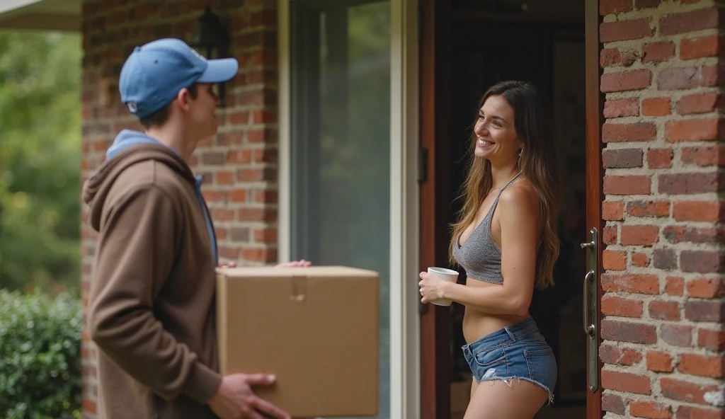 A blonde woman, com cabelos lisos e brilhantes, wears casual and sensual clothing while opening the door of her house to a delivery boy. The scene takes place in a modern and cozy environment, with soft lighting. O motoboy, holding a delivery bag, is greeted by the woman with an inviting look and a suggestive smile. The atmosphere is charged with tension and expectation, suggesting an encounter full of unspoken intentions.