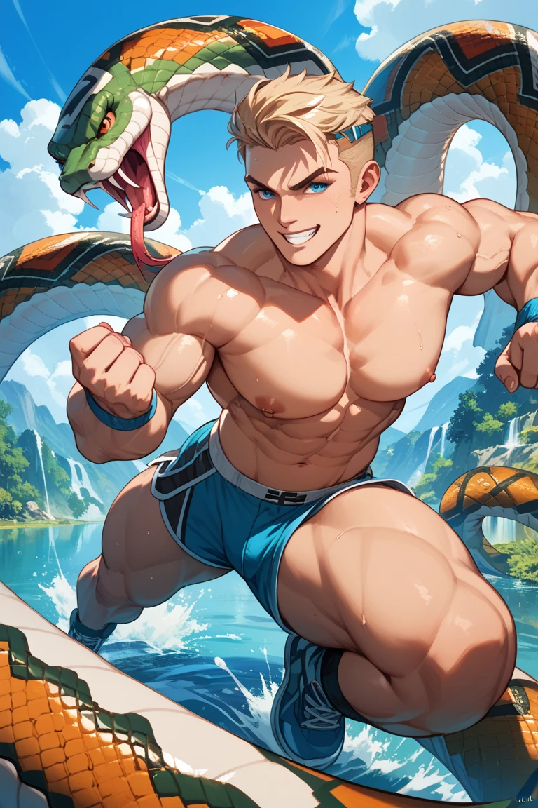 muscular person fighting with a snake and having the snake wrapped around him