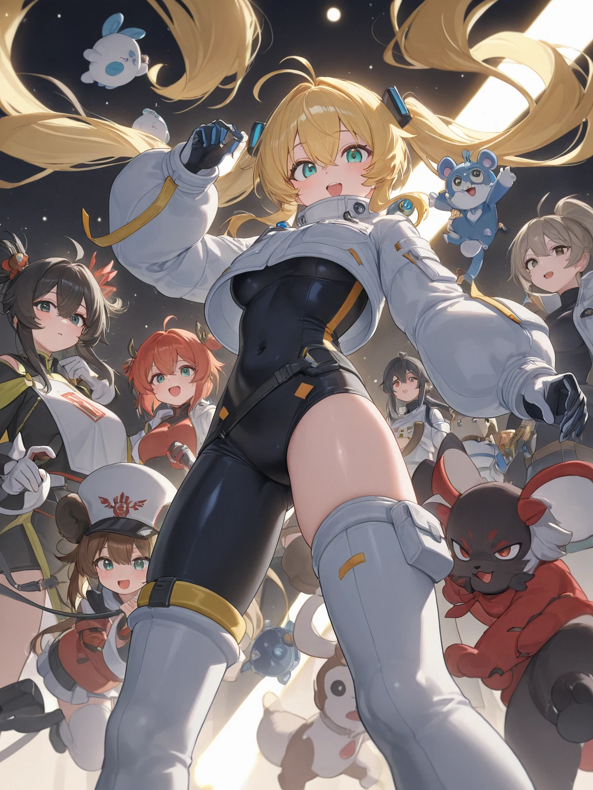 Masterpiece, 4girls, each dressed in sleek black spacesuits. The maids are wearing identical uniforms, beauty and cute, high detailed, dinamic lighting, vivid colours, ultra large saggy breasts, massive cleavage exposed, A giant spacecraft navigating interstellar space, Sophisticated design, huge geometric figures stacked in layers,standing, white skin, blue eyeballs, blonde hair, happys, various hair styles, harem, perfect eye, perfect face, Symmetrical eyes, well-aligned, with a natural and proportionate gaze, Observing their master with a servile gaze.