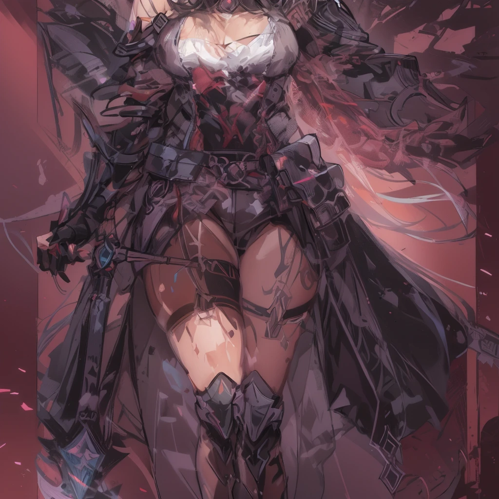 masterpiece,best quality,highres,detailed background,1girl,(A3rd,FinalAscension),(evil grin),standing,holding sword,red sky,burning city,looking at viewer,from below,<lora:JeanneAlterv1:0.8>,