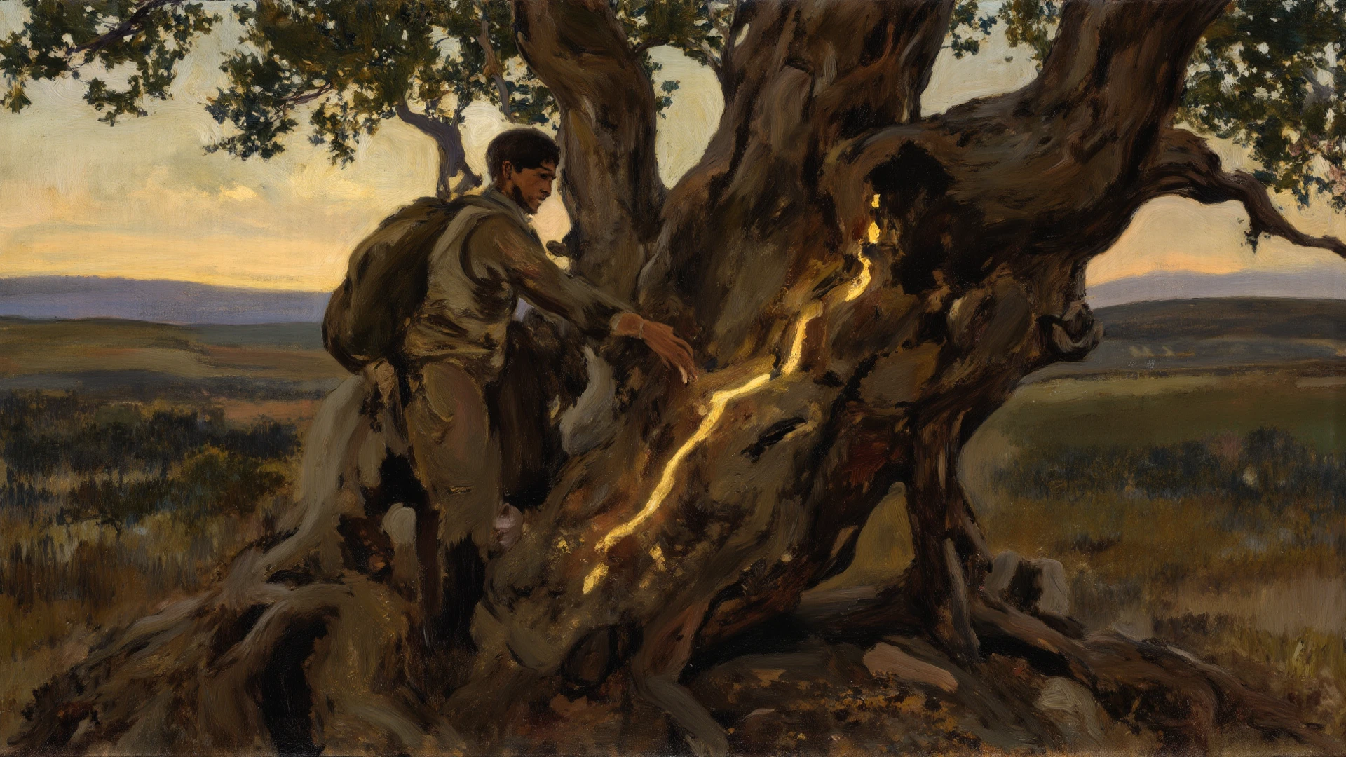 (((Pre-Raphaelite painting of an ancient poor tattered Celtic man ties a cloth to the gualho of a tree, Floresta celta)))