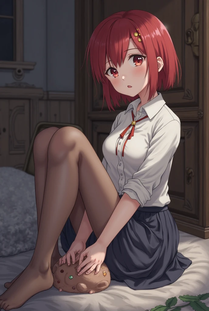 (The ultimate masterpiece), (Ultra HD), (Ultra-fine), High resolution, Ultimate beauty, High chroma, vivid, (pretty girl), Thighs, (cardigan), (skirt), Super Smile, Mouth open, Red hair,ショートBob,(Bob),Red Eyes ,Small breasts, Cute room