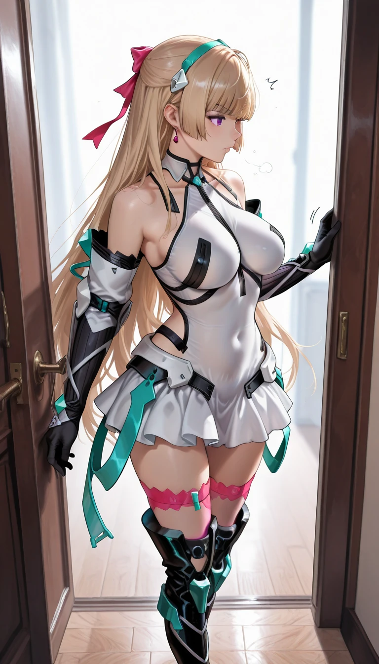 Black high-heeled thigh boots,white long gloves,red pupils,revealing her belly,Anime girl sitting on bed in black and white outfit, seductive anime girls, twintails white_mitts, ilya kuvshinov with long hair, Blonde anime girl with long hair, anime barbie in white stockings, android heroine, from girls frontline, attractive anime girls, Marin Kitagawa fanart, Anime girl with long hair, Anime goddess, beautiful alluring anime teen