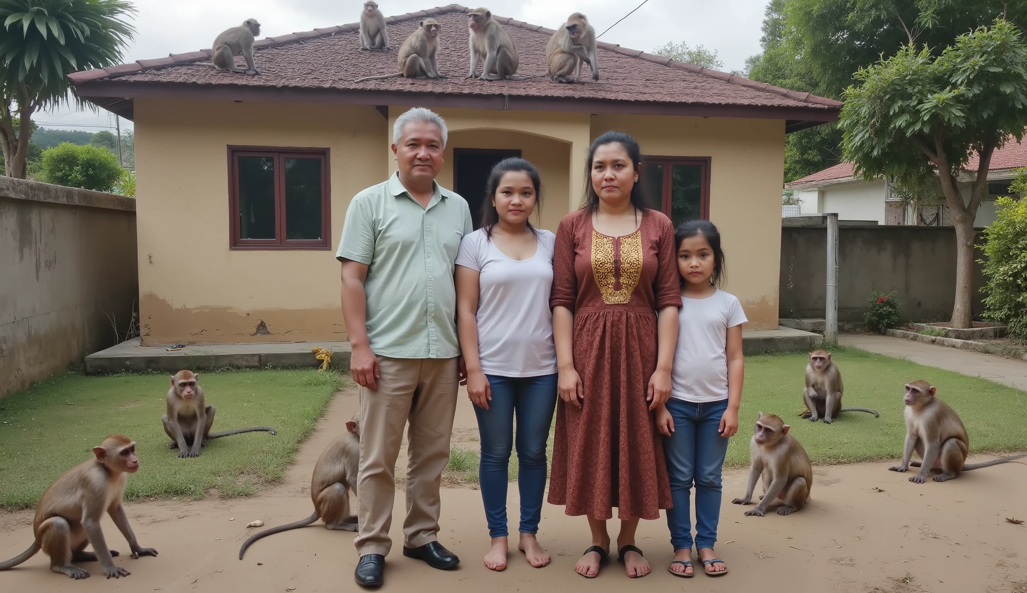 Scene shows exactly four Indonesian people standing together in front of their house, during daytime.
— One man: the father, 9, with short grey hair, wearing a long-sleeve shirt and trousers.
— One woman: the mother, 7, wearing a traditional blouse and batik skirt, with tied-back hair.
— One young woman: the older daughter, 1, wearing jeans and a casual shirt, with shoulder-length hair.
— One age girl: the younger daughter, , wearing a t-shirt and long pants, with her hair in a ponytail.
All four are clearly visible, standing side by side as a family, each person with a different outfit and unique face. There are not three people. There are not two people. There are four people: one man and three women.
Around them, many wild monkeys are present — some on the roof, others climbing the fence, sitting on the ground, or playing near the house.
The background shows a modest Indonesian home with a yard full of grass and trees. The mood is tense and uncomfortable due to the presence of monkeys. Clear daylight and soft shadows.