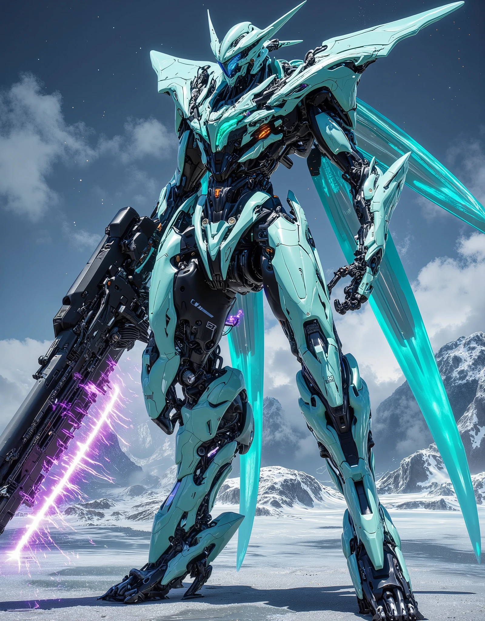 Turquoise metal-colored mecha with a total height of 120 meters, Hologram Colorのライン. Black Top, cyan left arm, Purple and blue arc discharge at each joint, Black head and black legs. Antarctica. Hyper futuristic art deco psycho system mecha, powerful and elegant body line,Hologram Color,the huge railgun I have in my right hand has a blue energy line that shines,(The two NC reactors on the chest are shining blue strongly:1.5),(profound impression:1.5),( with icebergs in the background:1.2),(Blue plasma energy is being discharged from a 6-pack Gatling railgun:1.5),