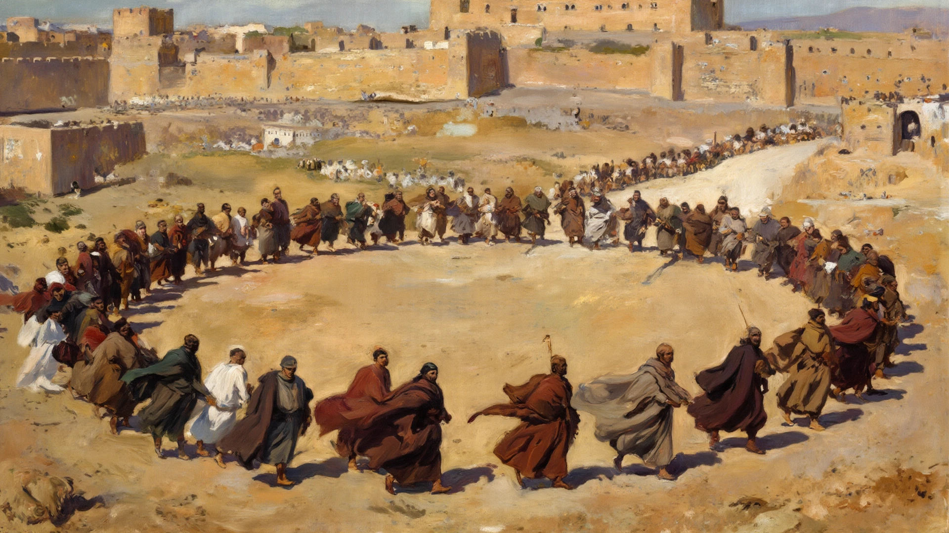 Joshua and Israelites marching, walls falling