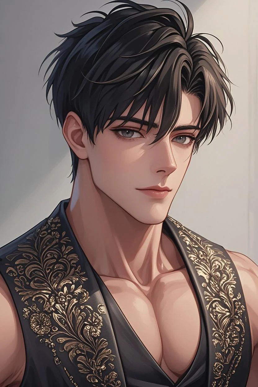 (best quality), 1boy, male, pale skin, black hair, medium hair, curtain hair, tousled hair, green eyes, perfect eyes, dark circles under eyes, tall, slender, handsome, strong jawline, lazy, light smile, attractive, harem clothes, sherwal pants, bare chest, golden hand cuffs, masterpiece, anatomically correct, highres