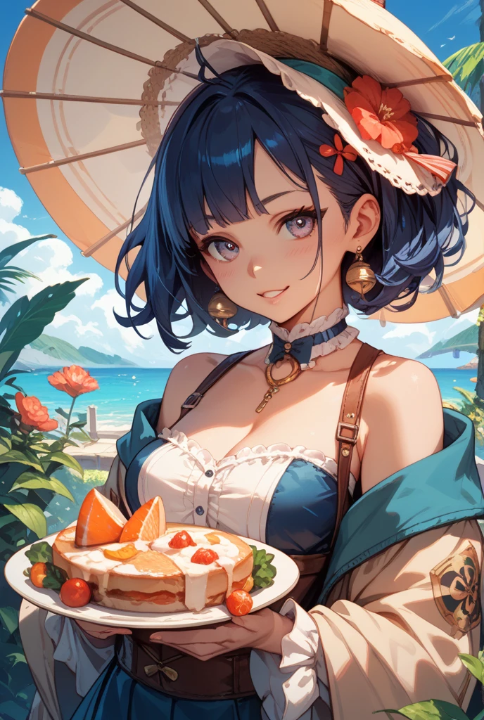 (masterpiece), best quality, expressive eyes, perfect face,1girl,xiangling,genshin impact,big breasts,cleavage,strapless swimsuit,sitting,table,food,beach resort,smile,happy,bare shoulders