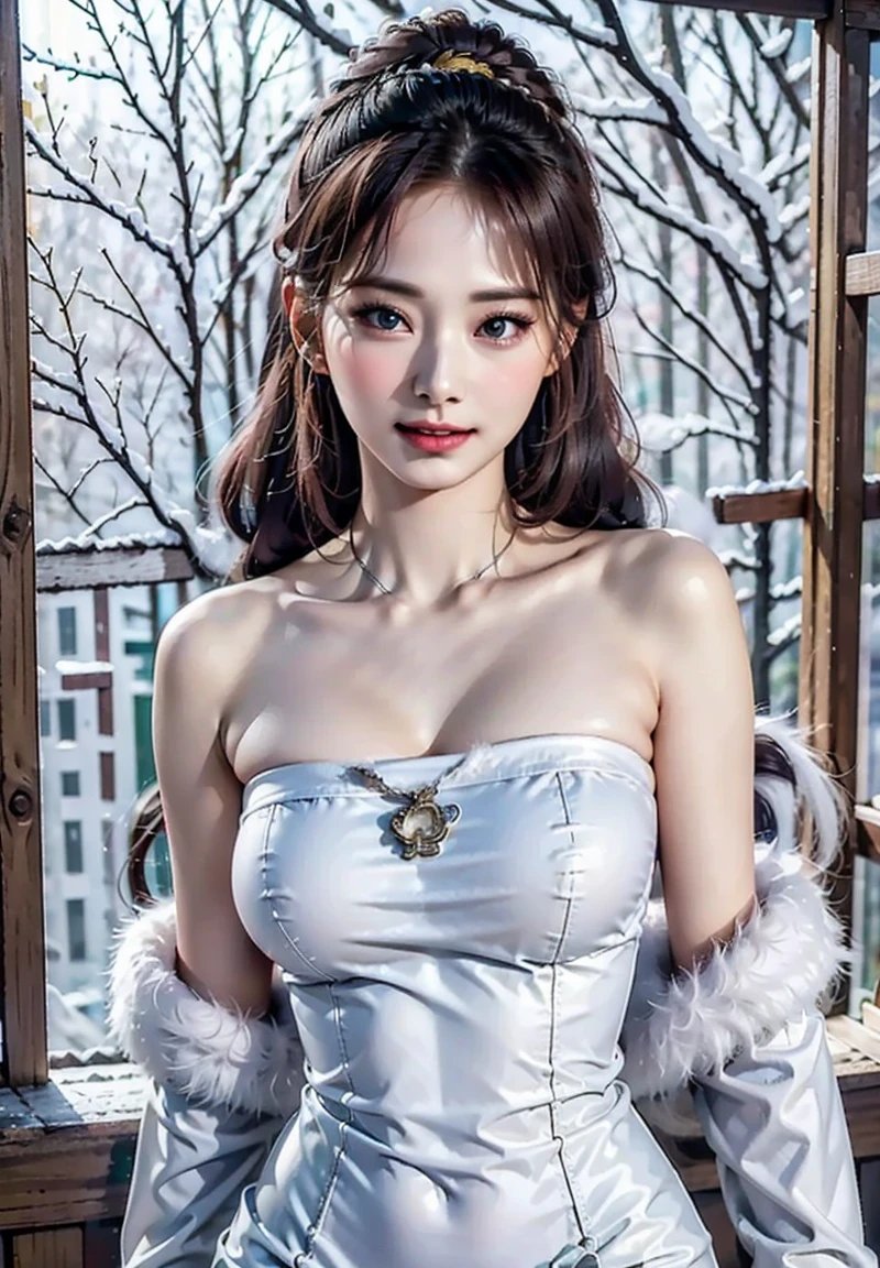 (8K, RAW Photos, of the highest quality, Masterpieces: 1.2、Raw photo)、Portraits, high resolution RAW color photos, Professional Photos、Super Resolution, 8K Picture Wallpaper,(Realistic, Real Photos: 1.3)、super detailed, highly detailed and beautiful, Highly detailed, Amazing details、Slim big: 1.2、Amazing details、Cute beautiful woman with perfect body: 1.4、shinny skin、Glossy lips、High-definition face and skin texture、A detailed eye、二重まぶた、((Gray hair color、Longhaire、Curled Hair)), ((Breast H Cup:1.2, very large breast、爆乳:1.2、Too large breasts:1.2、Bursting breasts:1.2))、Highly detailed and focused chest,BREAK (White and light blue theme:1.2), ((elegant style, Gorgeous):1.2), ((Light blue princess dress with white fluffy fur, light blue hoop skirt):1.4), (Snowflake symbol print on dress:1.4), ((Strapless, Bare shoulders):1.3), (very precise embroidery:1.3), (fluffy fur:1.3), (necklace made of countless gemstones:1.2), (high-heels:1.1), (is standing)、((full body Esbian:1.2)、((Angle from a distance:1.1))、1 persons、(European landscape、It's snowing、Snow is piled up)、((Focus on women))、(High Definition Breast、happy facial expression、closes mouth)