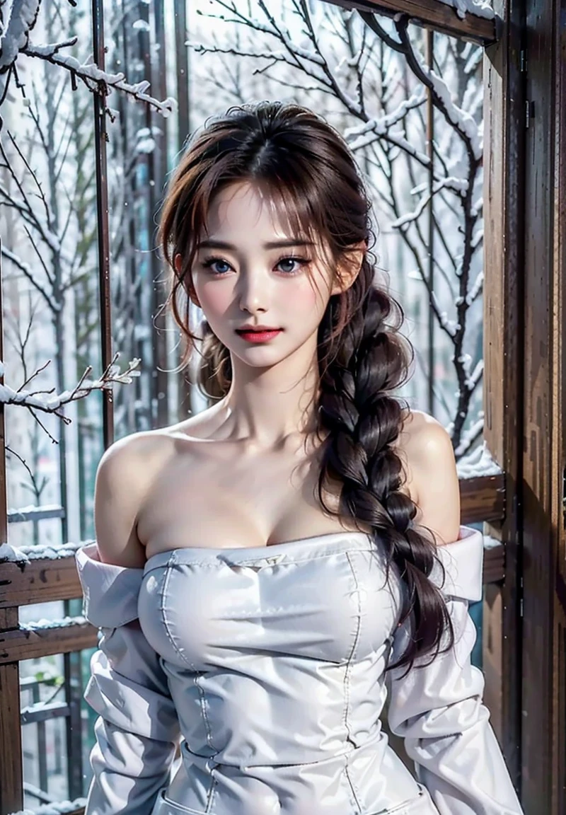 Masterpiece, ultra-detailed, aroused woman in a dark old castle, fireplace, beauty personified, voluptuous, curvy succubus named Hana Haruna, chubby figure of a gravure idol, body measurement of 100-70-90 cm, long hair cascading down to her shoulders with straight bangs, braid, full and glossy lips, water dripping from her lips, clad in a black fishnet suit, net suit, fire illuminating her glossy skin, shiny skin, soft and warm indirect light gently kissing her features. Shiny Burgundy hair, gray eyes. Cinematic and captivating. Picture is taken from below, extreme close up of her face and cleavage