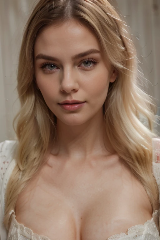 full frame photo of a beautiful young girl with long blonde platinum hair, earrings, big breasts, blue eyes, pale skin