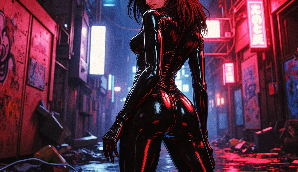 a woman in a black latex outfit holding a gun, female cyberpunk anime girl, cyberpunk girl, anime cyberpunk art, cyberpunk anime girl, cyberpunk themed art, cyberpunk anime art, digital cyberpunk anime art, cyberpunk woman, cyberpunk beautiful girl, redhead female cyberpunk, digital cyberpunk - anime art, cyberpunk femme fatale, female cyberpunk, cyberpunk women, seductive cyberpunk dark fantasy