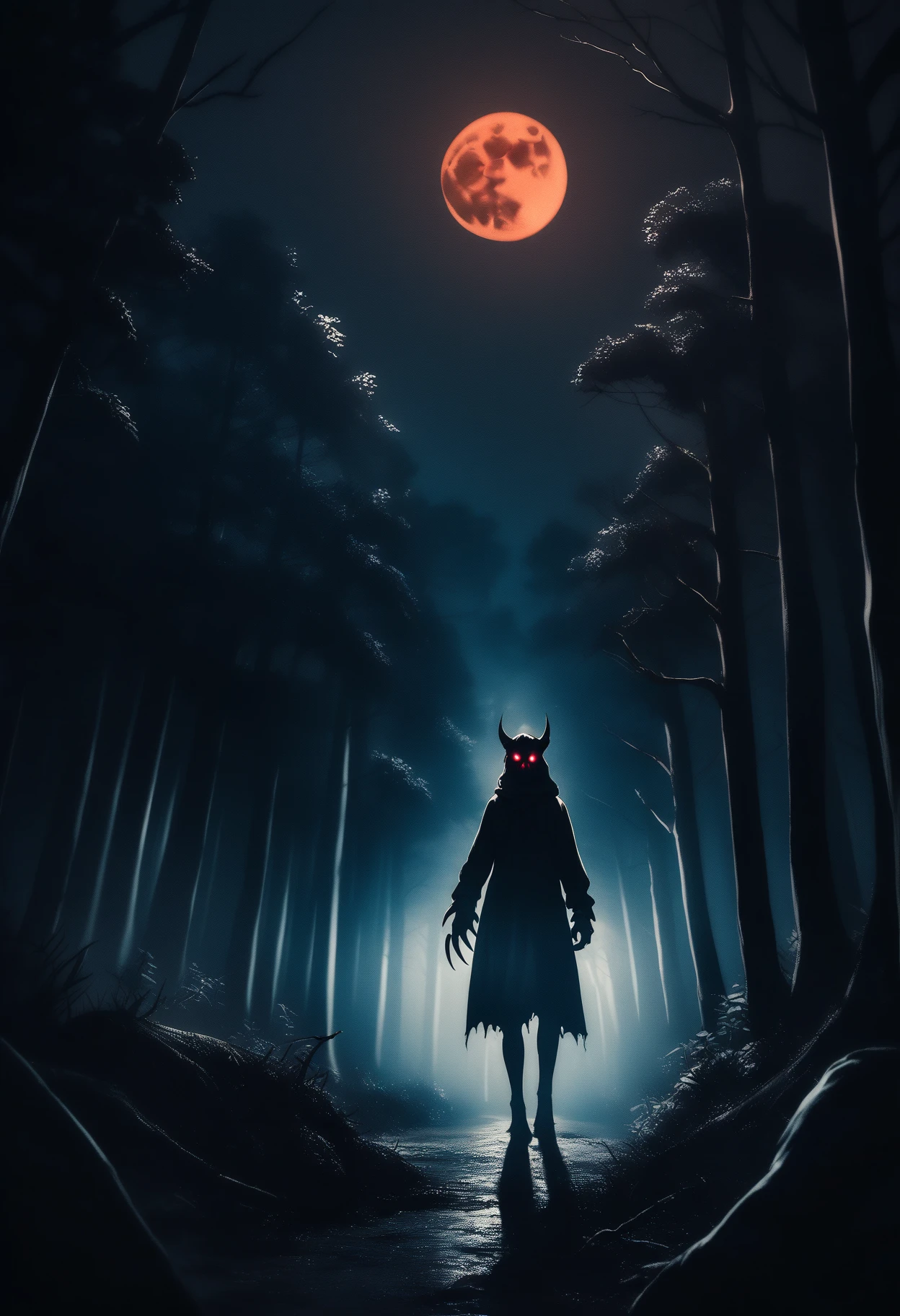 "The painting depicts an abandoned farmhouse surrounded by lifeless fields. The dim light of the moon breaks through the thick clouds, illuminating the silhouette of a strange creature that slowly creeps towards the house. The monster resembles a nightmarish combination of human and animal features: long curved claws covered with thick fur, and eyes ,
glowing with an ominous red light. His distorted face expresses madness and suffering. A fog swirls around the creature, hiding its true size and shape, adding a sense of suspense and horror. In the background is an abandoned farm, its dilapidated buildings only adding to the atmosphere of abandonment and despair. The viewer feels the cold wind
, carrying the whispers of unseen ghosts, heightening the sense of imminent danger." 8K, super detail, hyperrealism, Andrew Wyeth style, eerie horror, dark atmosphere, strange creature, nightmarish realism, cinematic lighting effect, foggy environments, atmospheric horror, ominous beauty, dark shades, realistic texture,
Andrew Wyeth, dark realism, frightening plot, disturbing composition.
