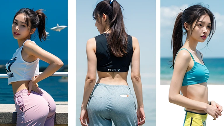 Backs of two women in sportswear taking pictures on the roof、Backshots, posing together in bra, two models in the frame, Hot with shining sun, Two girls, 5 0 0 px models, Engaging pose, Sporty physique, twins, well toned, sophisticated gravure idol, Realistic Young Gravure Idol, ayami kojima and lyde caldwell, with a twin、Looking at the camera