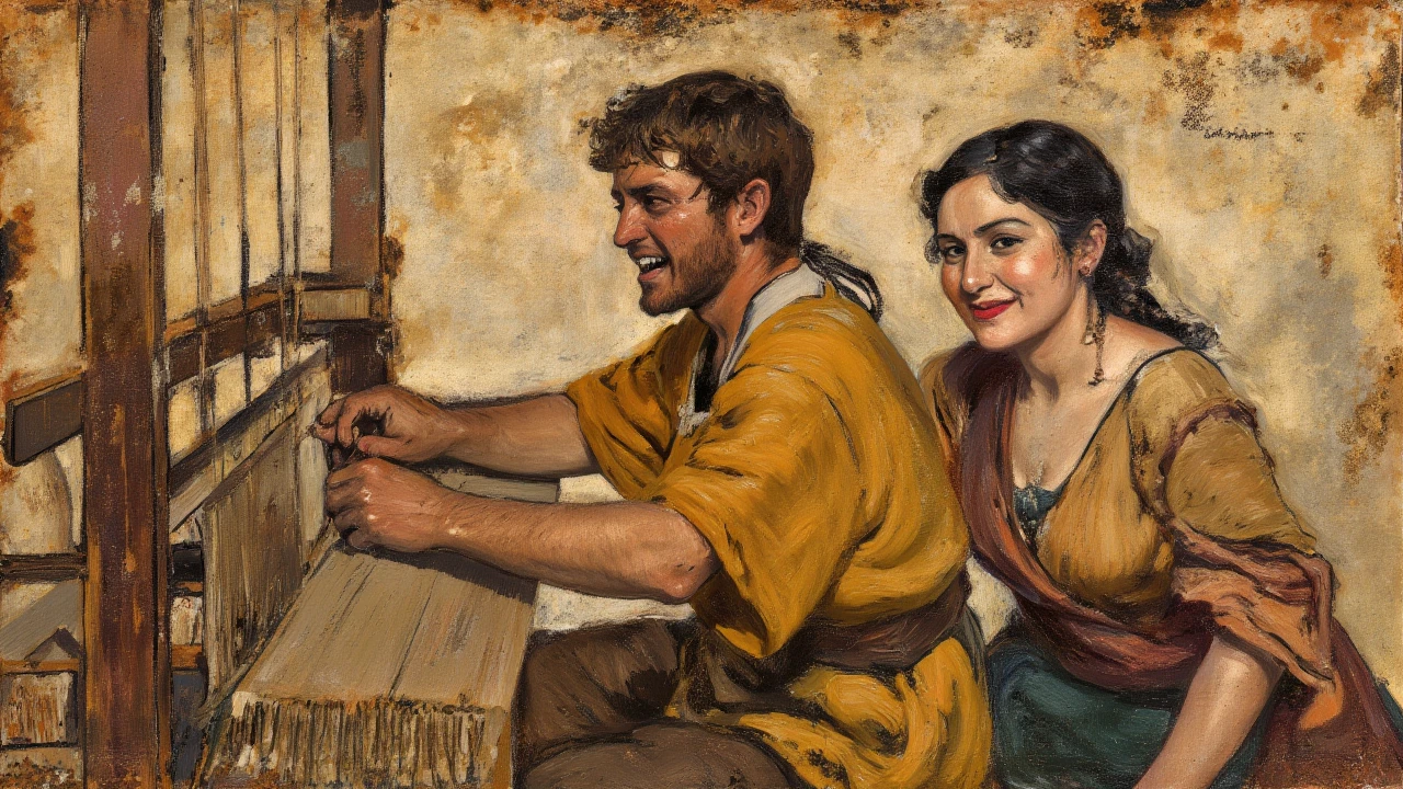 A man working in his shoe workshop while his wife watches him with a smile, set in the time of ancient Ayacucho drawn in pencil