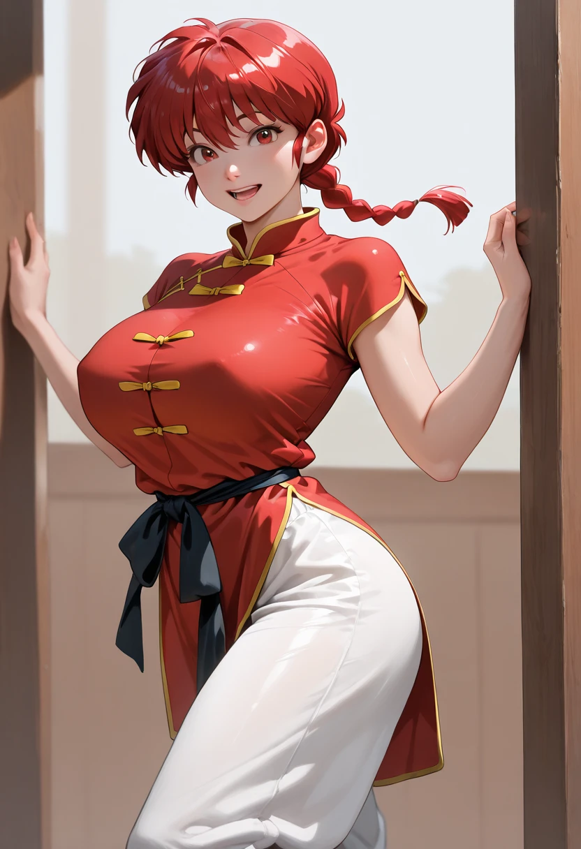 RanmaChan, standing, solo, large_breasts, single_braid, RanmaRedShirt, masterpiece, best quality, detailed face, detailed eyes, highres,