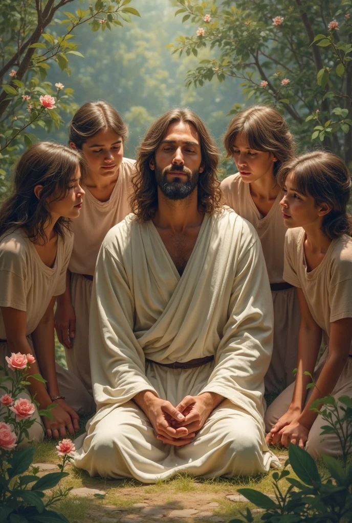 (RAW style, masterpiece, best quality, ultra-detailed), Jesus between children, rays of sun behind him, day light, in a big garden,