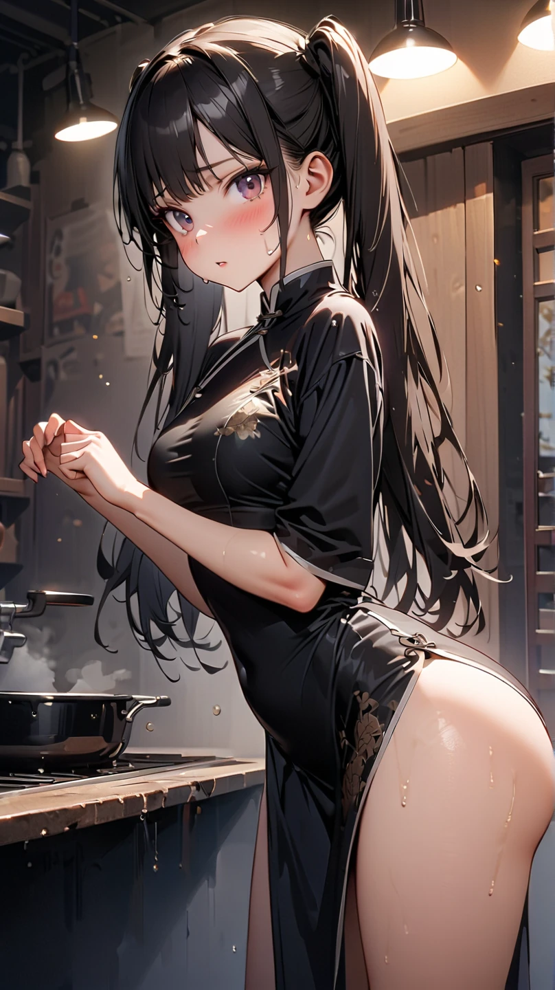 Double ponytail hair、Exquisite black cheongsam, She looks about 18 years old., (beautiful girl: 1.3),best quality,8k,Highly detailed CG unit wallpaper,masterpiece:1.2,Top quality,Ultra-high resolution,RAW photos,Real texture skin,Cinema Lighting,Awkward,blush, steam,wet,Sweat,Wet eyes,Weak,megabuildings,City,This girl is a delivery girl delivering Chinese food to customers.,,烹饪产生的蒸steam,,,Large target, round, Beautifully shaped buttocks,,((Buttock posture)),