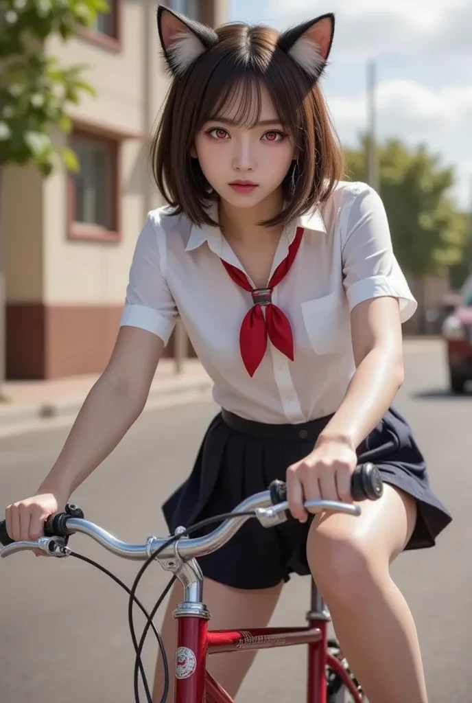 girl alone in the rain、blush、((Red Bicycle))、((Riding a bicycle and smiling))、look at the audience、heavy rain、big and full breasts、A sheer white sailor suit that sticks to your chest when wet、skirt、Girl in Japan uniform and girl in the rain 、Pedaling a bike in the rain、Floral、hairpin、necklace、earrings、Getting wet and leaning forward、look up from below、written boundary depth、尖ったred mouth、short hair of reddish-brown color wet and shiny,,,,,,red mouth,black eye、clavicle、beautiful fingers、hourglass body、full body portrait、Loosen your tie、cute wet face、