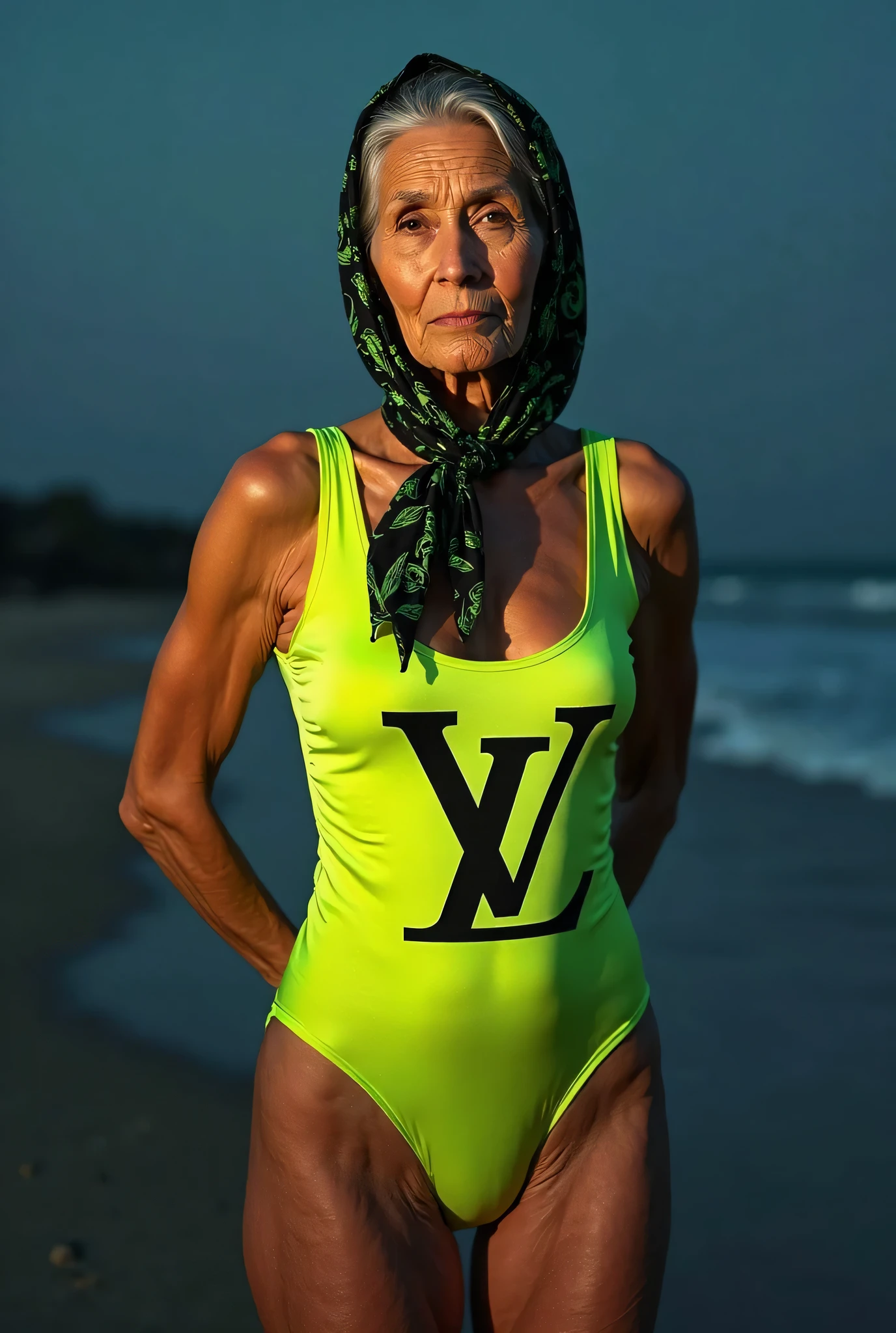 A 70-year-old woman in a bikini and a red cape with a tattoo that says RAW on her body 