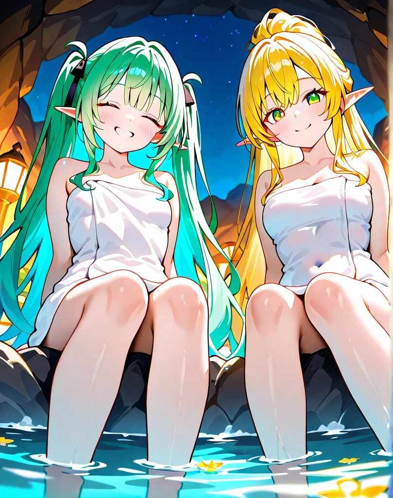 Long Hair, chest, View your viewers, blush, smile, Open your mouth, bangs, blue eyes, 大きなchest, Knee socks, gloves, ribbon, belly button, chestの谷間, Transparent swimsuit, whole body, Gray Hair, 巨大なchest, (巨大なchest: 1.8), Green Hair, horn, Pointed Ears, Blunt bangs, Raise your arms, (1People Women), (Side tie bikini bottom), (Transparent micro bikini), ((White tiny micro bikini)), wave hands