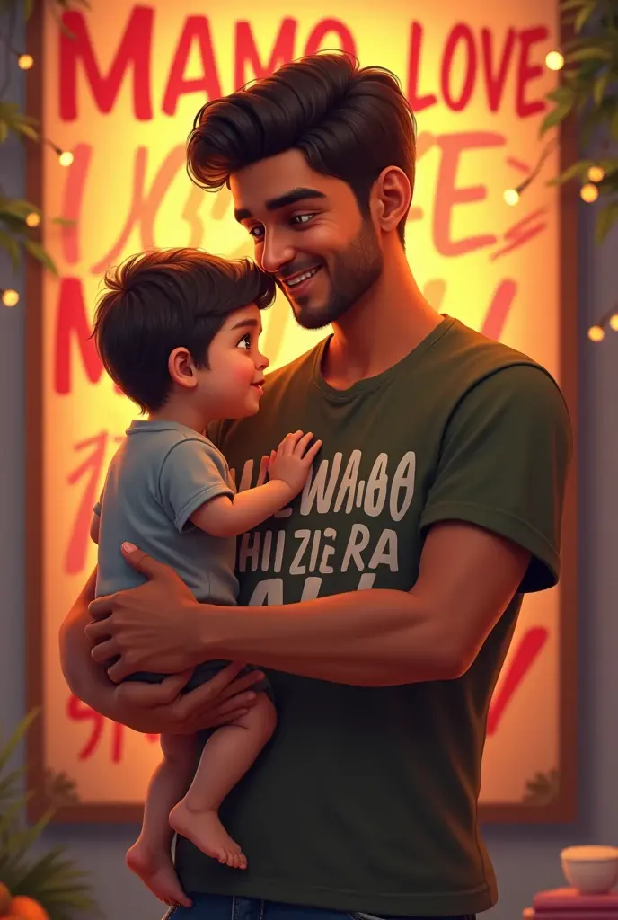 create an image in which one boy of age25 name write on his shirt is Zeeshan, love with a baby of age 1 year whose name is Khizer Ali write on his shirt , both name are shown correctly on there shirts background write a poster mamo love Khizer Ai 
