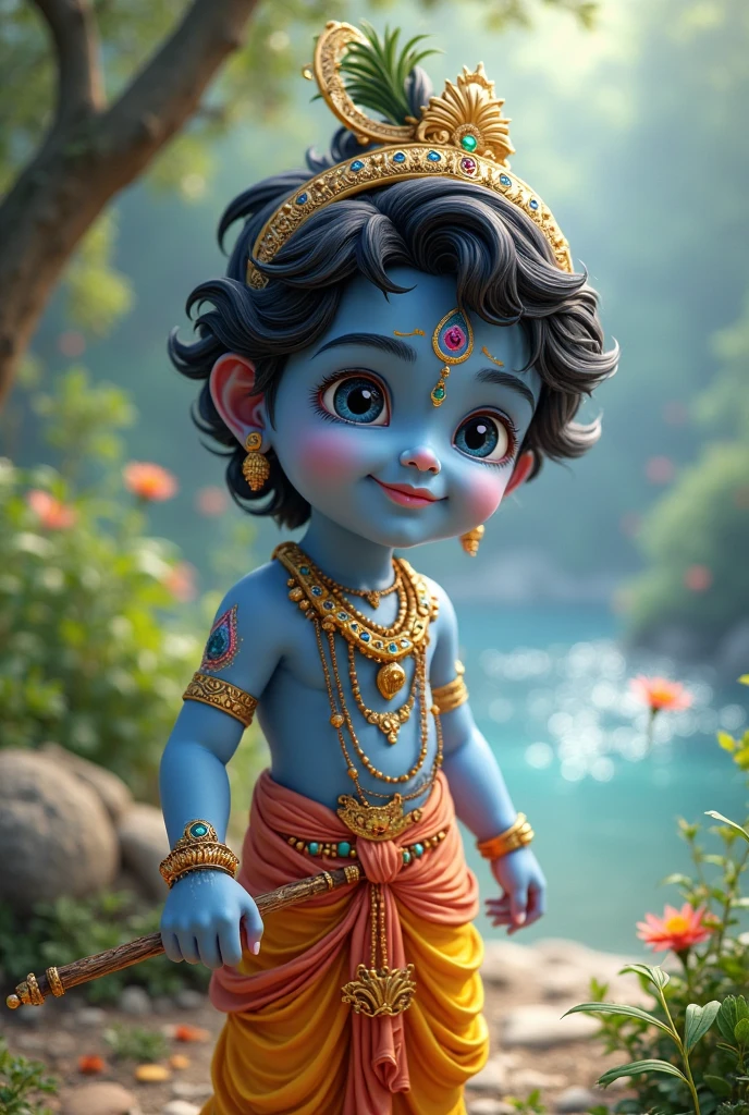 Create an image of Krishna as a divine toddr, radiating innocence and mischief. He has a chubby, round face with big, expressive eyes that sparkle with curiosity and a playful smile. His skin is a deep, luminous blue, representing his divine nature. Baby Krishna is adorned with gold ornaments, including delicate anklets, bracelets, and a small crown with a peacock feather. His curly, jet-black hair is thick and wild, partially tied up, with a few strands falling on his forehead. He wears