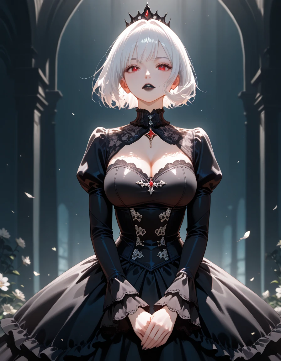 ighest quality, highest quality, Super detailed, High resolution, expensive resolution, HDR, 4k, 8K, unity 8k wallpaper, expensively detailed CG, masterpiece, realistic, photorealistic, 2D, 3D, beautiful details, depth, fine texture , super fine: 1.3, Fully focused, Crispy.skin, .he, Very cute anime girl with white bob hair wearing expensive , one girl, smile、alone, white bob hair, animal ears, cat ears, mole under the eye, looking at the viewer , expensive , blush, mole, parted lips, hair ornaments, heart, red eyes, choker, Maid clothes, cute , Burikko , big breasts , background black