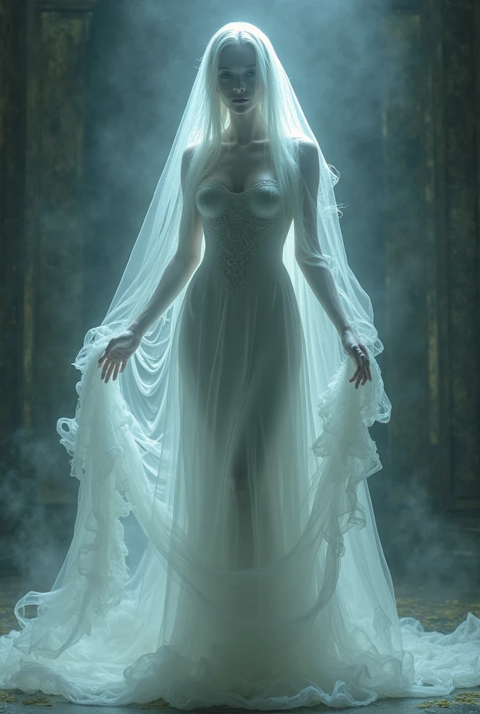 a blonde woman with large breasts and wide hips, ghost possessing her, detailed face, beautiful eyes and lips, elegant dress, dramatic lighting, cinematic composition, dark moody colors, horror, gothic, high quality, photorealistic, 8k, dramatic lighting, dramatic shadows, glowing eyes, ethereal, mysterious, dark fantasy