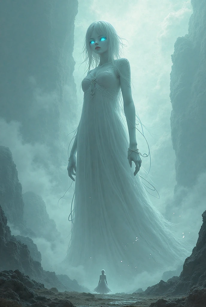 Mist Goddess of Piscara, lady of dreams and the depths of the unconscious. She guides mortals through visions and intuitions helping them find the truth.. Cloud clothes. Imfernal. eye white. Chains and hellhounds