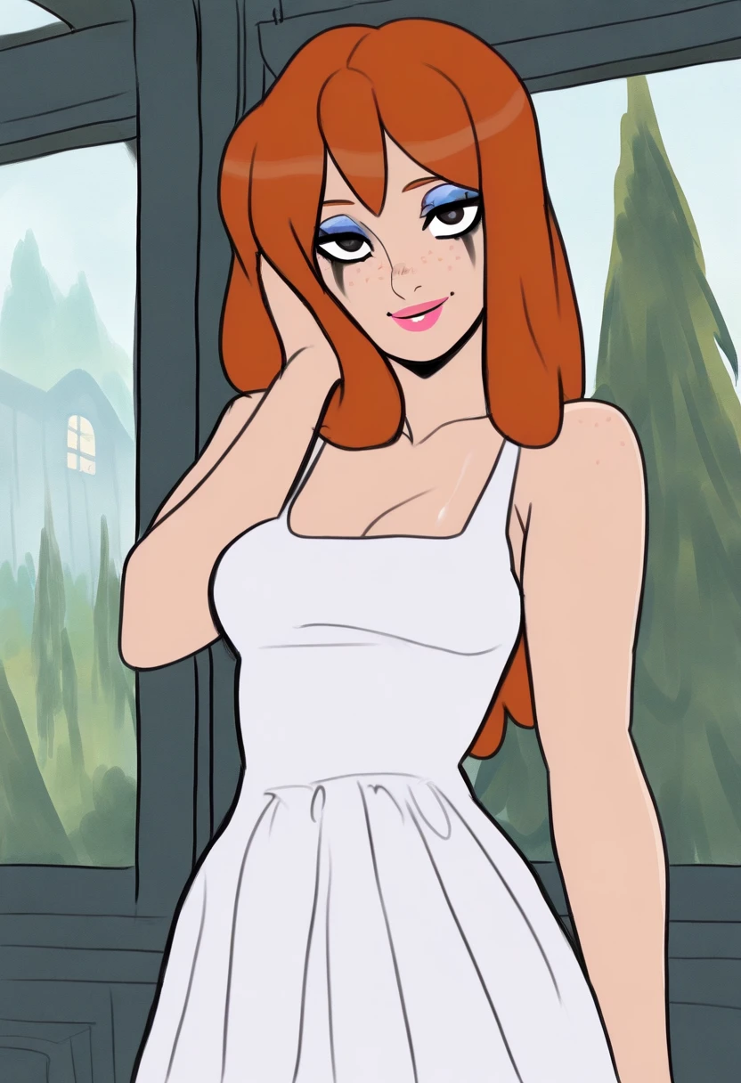 score_9, score_8_up, score_7_up, score_6_up, score_5_up, score_4_up, (Source furry), (rating safe), outside, standing, glasses, Ariel, human, detailed, detailed fur, front view, white panties, white sleeveless dress, long dress, 1girl, solo, lifting up dress, pantyflash, smile flirty, showing bare legs
