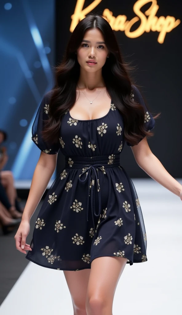 photo of CatPlantASMR a woman as a movie star, modelshoot style, (extremely detailed CG unity 8k wallpaper), Intricate, High Detail, Sharp focus, smiling, photorealistic painting art by midjourney and greg rutkowski , (waist chain), ((fashion show)), ((walking down the runway)), ((paparazzi in the background)), (looking at viewer), (detailed pupils:1.2), (elegant cashmere dress:1.3) brightly lit <lora:CatPlantASMR:0.9>