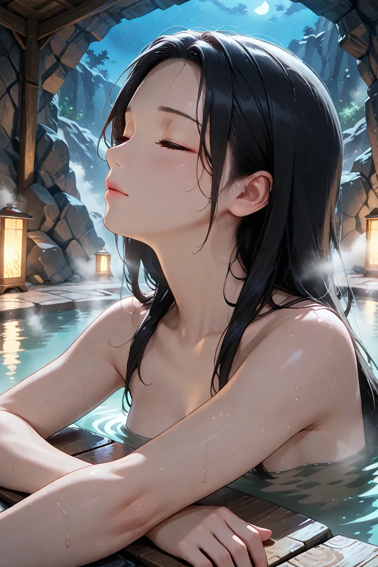 one-girl,No makeup,Sit in the water with your back to the audience,Back close-up,Focus on the back,There are many scars on the back ,Long loose hair,The blood flowing from the wound stained the water,Bare-chest,The breast is pressed against the knee,Obstruction of the knee,Empty bathhouse,blur backgroun,Close your eyes and cry ,streaming tears,(tears:1.4),Tears ran down her chin