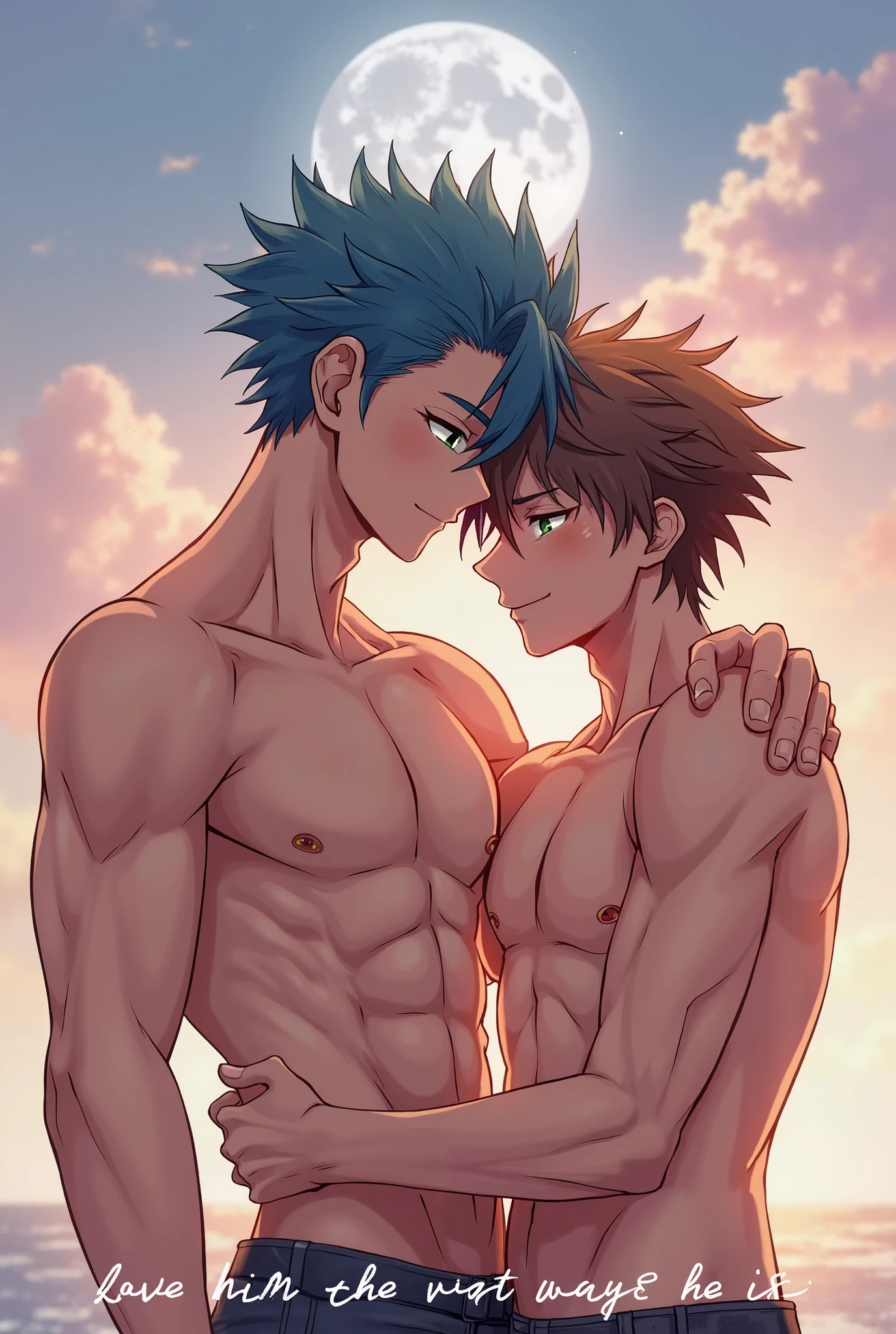 ((2boys, 2 men, duo)) ,gay couple,Natsu Dragneel and Gray Fullbuster kissing, ((upper body)), passionate blushing, space background, muscular body with washboard abs and pecs with pink nipples, sweating bodies and rugged rms and legs, holding waist embracing, arms embracing, necklace, ((good hands:1.2, good arms:1.2, distinct arms:1.2)), sexual kiss, deep love sexual gay intense