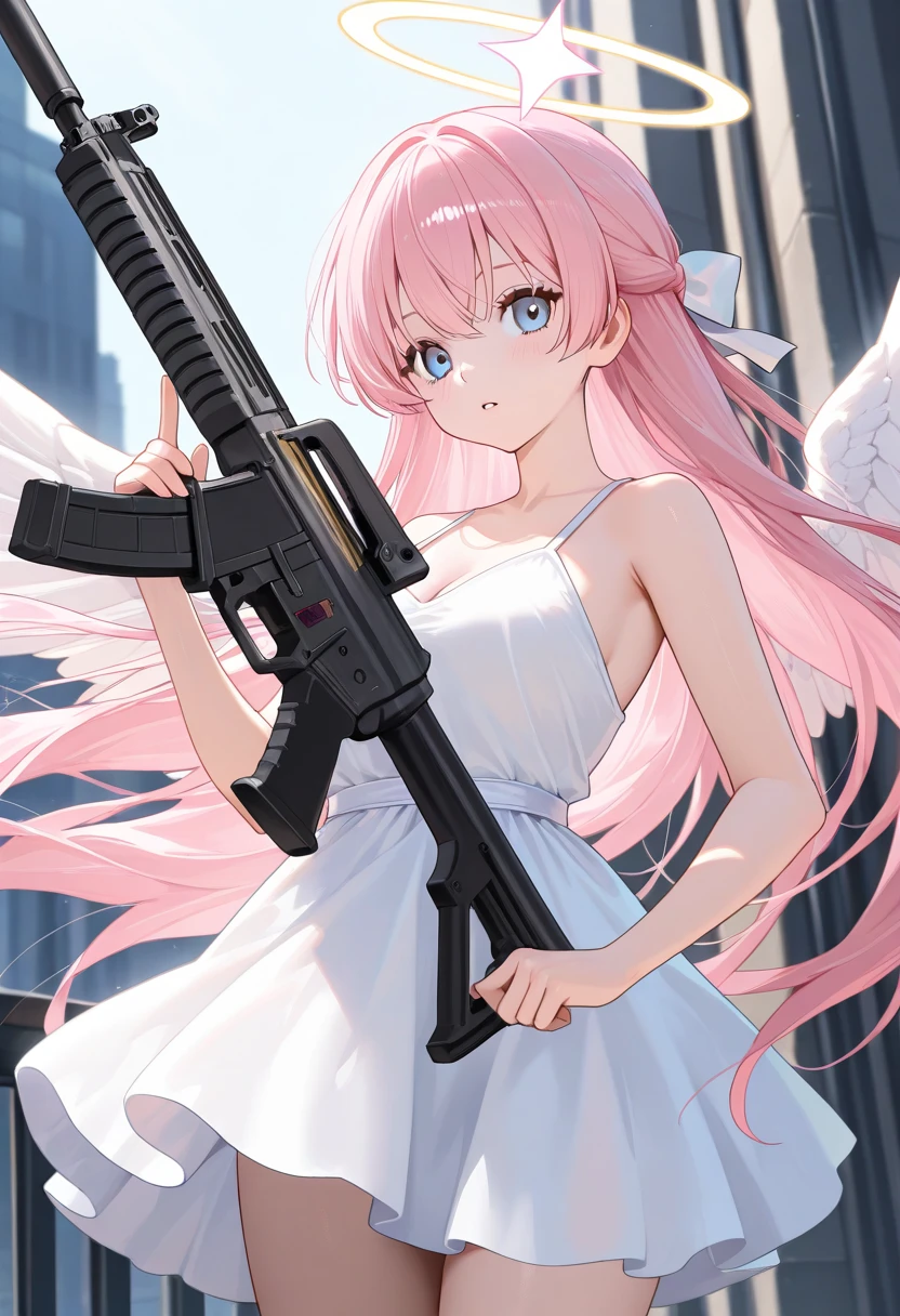 Detailed、Soft skin、Anime style、Blue eyes、Women in Their 20s、background cosmos、Holding a gun、The long-haired、Pink hair