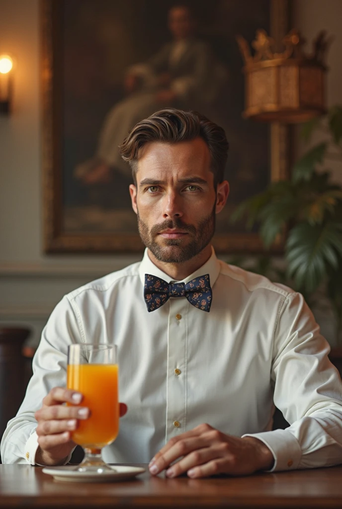 (best quality, 4k, 8k, high resolution, masterpiece: 1.2), detailed facial features, spectacular lighting, anatomically correct, super detail, (red hair and bandholz beard), elegant blue suit, white shirt and yellow tie, drinking a cup of coffee in a retro bar, happy look, topless, hairy chest