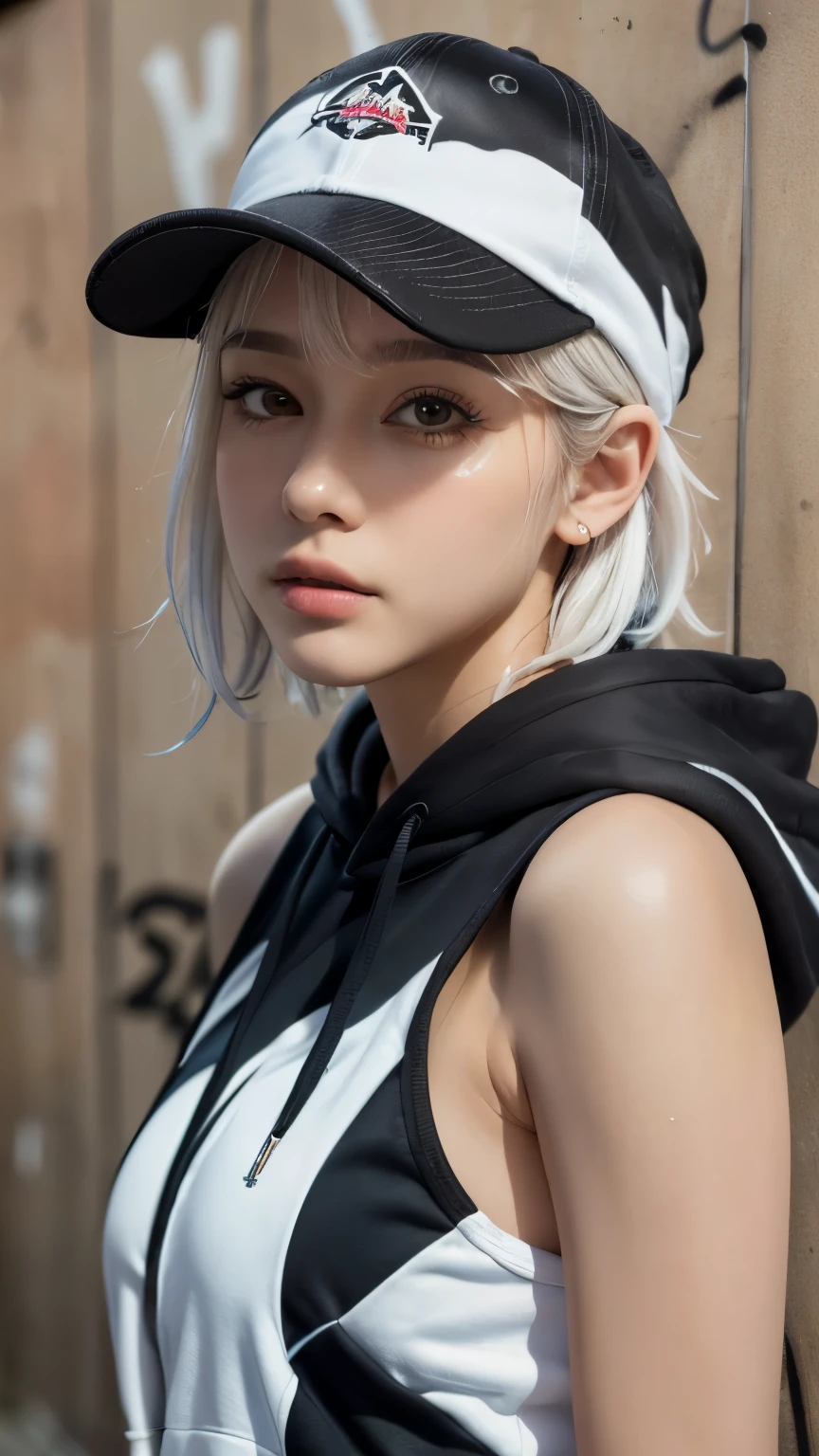 masterpiece, Highest quality, Very detailed, 8k, Realistic, One Girl, alone, Tomboy, Very detailed face, (head shot:1.5), Standing in front of a wall covered in hip hop graffiti, Cyberpunk neon cityscape,Pixie cut white hair, She is wearing a short neon tank top and an open hoodie....,I can see your chest,Nice ass,Wear a New Era cap
