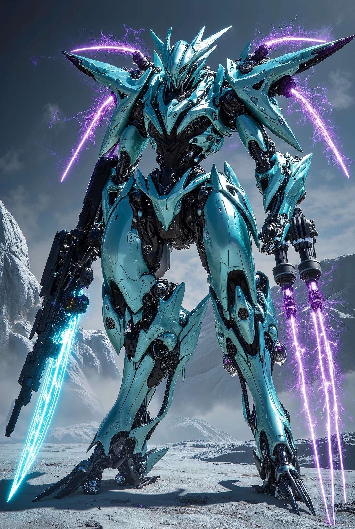 Turquoise mirrored body with a total height of 120 meters, Hologram Colorのライン. Black Top, cyan left arm, Purple and blue arc discharge at each joint, Black head and black legs. Antarctica. Hyper futuristic gothic psycho system mecha, powerful and elegant body line,Hologram Color,the huge railgun I have in my right hand has a blue energy line that shines,(The two NC reactors on the chest are shining blue strongly:1.5),(profound impression:1.5),( with icebergs in the background:1.2),(Blue plasma energy is being discharged from a 6-pack Gatling railgun:1.5),(Strong impression :1.5),

