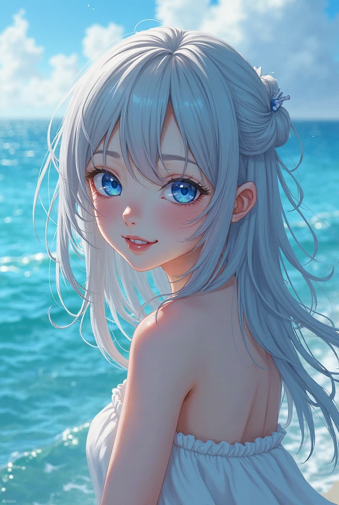Dynamic、Atlantis、Earrings、necklace、Beautiful glowing white skin,、 bright, Refreshing and gentle look, Perfect beautiful pretty face, Shiny platinum blonde straight long hair reaching down to her waist, Beautiful shiny bangs, ((Very beautiful and beautiful4Year old girl)), eyeliner, so perfect and beautiful, Big clear sky blue eyes, bright eye highlights, Baby Face、Cute smile、Long eyelashes、Cute figure、Looking down on a young girl from above、Swimwear、