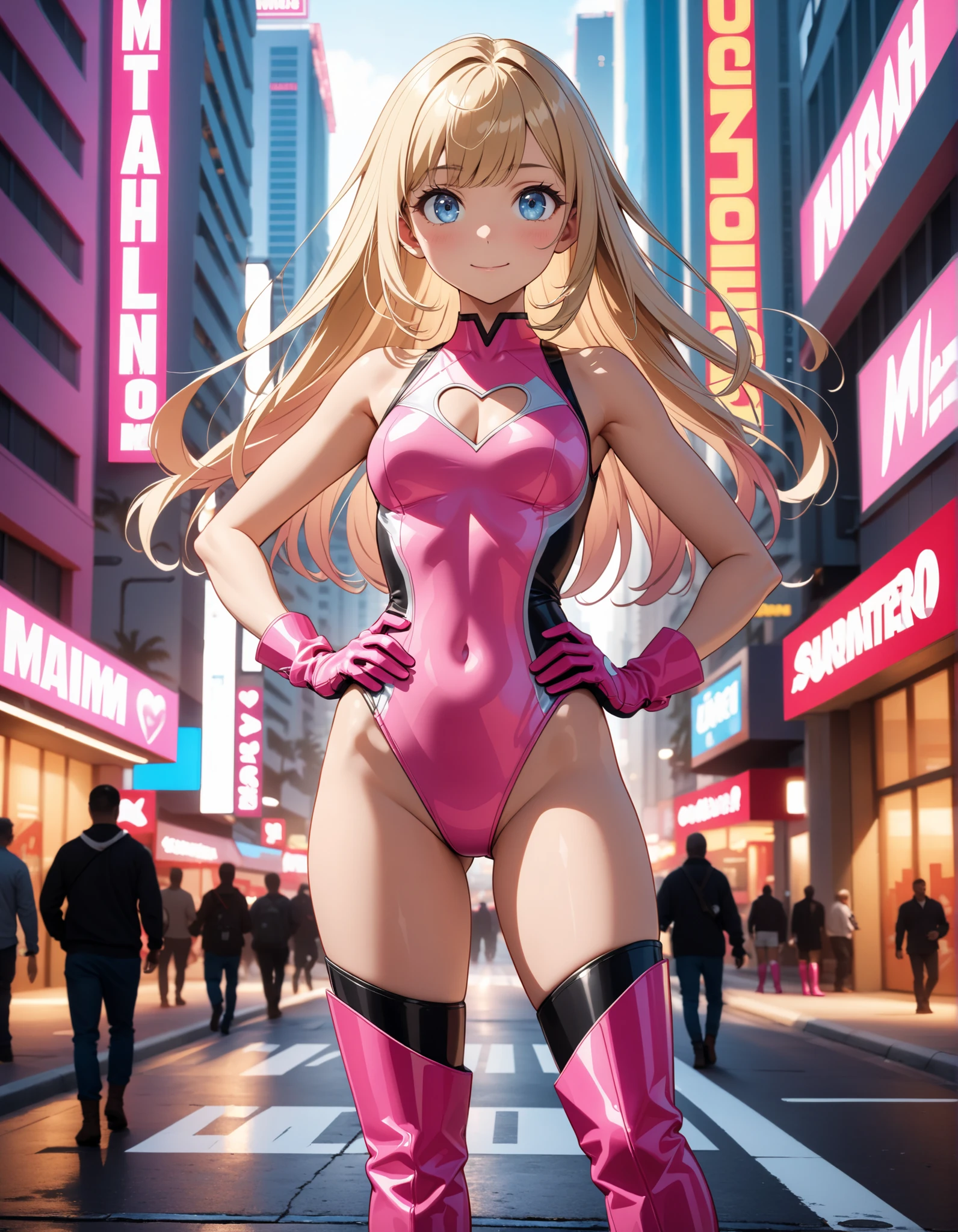 masterpiece, best quality, hires, 1girl, solo, leotard, bare legs, matching boots, sleeveless, looking at the viewer, city backdrop, perfect hands, perfect eyes, perfect leotard, perfect legs, perfect arms, perfect fingers, perfect anatomy, medium breasts, ((pink leotard)), blonde hair, long hair, knee boots, blue eyes, heart cutout, cute face, hair down, bangs, sleeveless, pink gloves, pink footwear, cleavage cutout, superhero, solo, casual, smile, single, standing