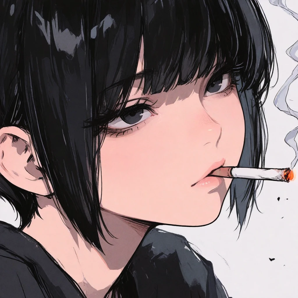 oil painting. girl. black hair. black eyes . smokes 